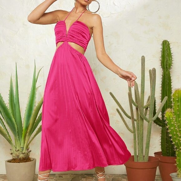 Red Violet Preppy Womens Cut Out Waist Tie Pleated Satin Dress - Picture 1 of 5